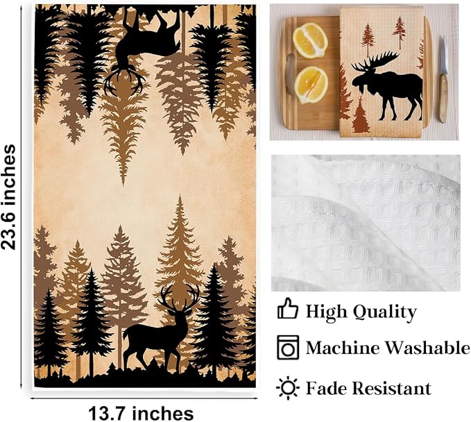 3PCS Wild Animal Deer Moose Bear Forest Camping Kitchen Towel - Image 2