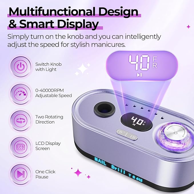JOSGLOI Electric Nail Drill Professional: 40000RPM Electric Nail File Kit E - Image 4