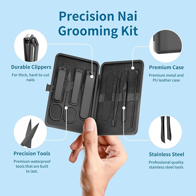 Precision 8 Pieces Men’s Nail Grooming Travel Kit, Stainless Steel Manicure Set - Image 2