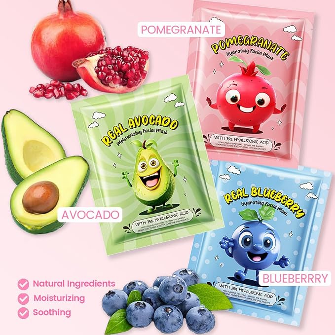 Kaely 6 Pack Fruit Face Masks for Kids, Kids Face Mask Spa Day Kit Supplies - Image 2