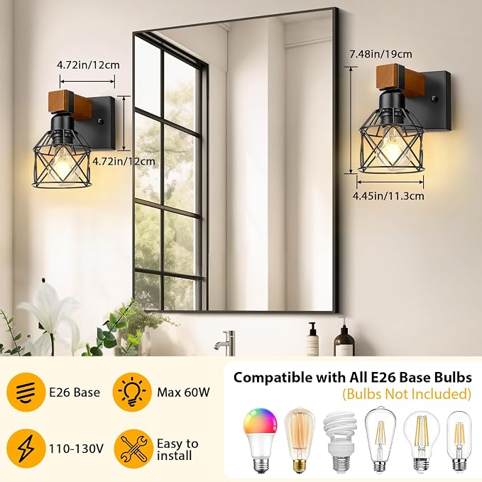 Wall Sconces Set of Two, Farmhouse 1-Light Matte Black Vanity Lights - Image 2