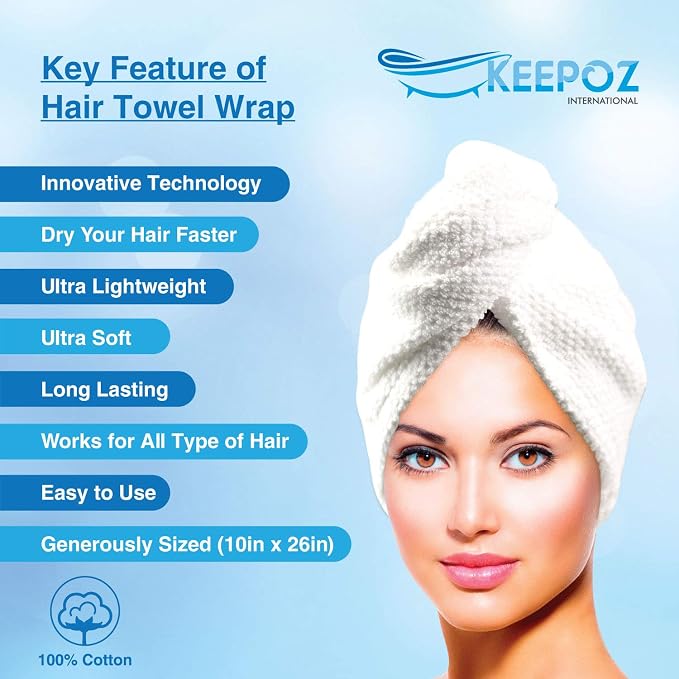 KEEPOZ Hair Towel Wrap Quick Dry 100% Cotton Super Absorbent Turban Head Wrap - Image 6