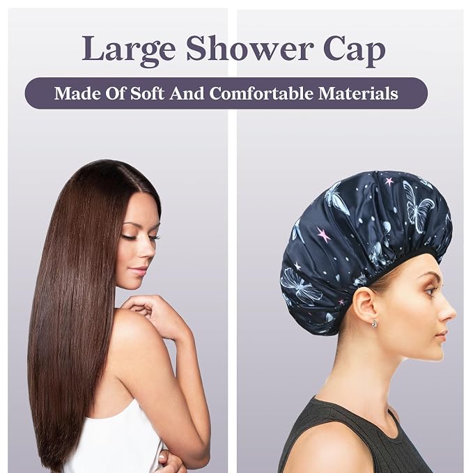 Blue Butterfly Print Satin Shower Cap, Three-Layer Terry Cloth Lined, - Image 7