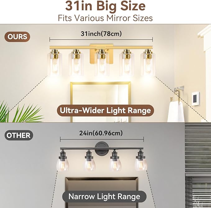 VerRon 5-Light Gold Bathroom Light Fixtures, Brushed Gold Wall Light Fixture - Image 7