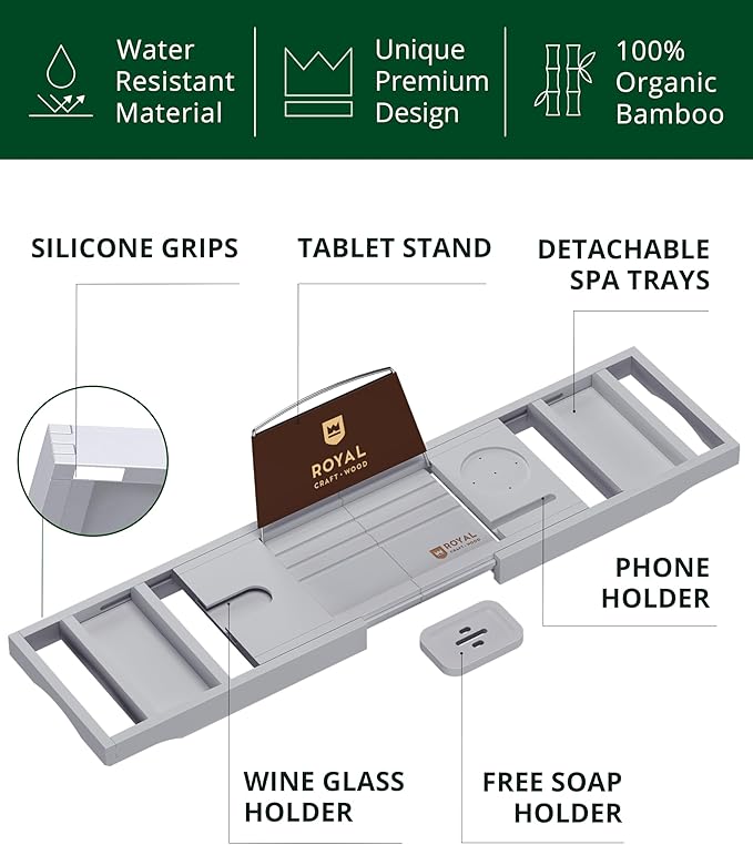 ROYAL CRAFT WOOD Premium Foldable Bathtub Tray Caddy - Image 2
