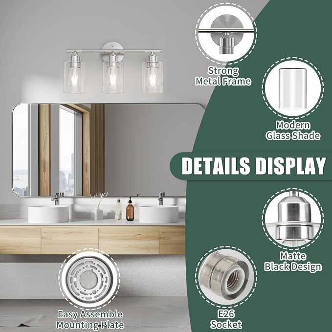 Espird Bathroom Vanity Light Fixtures Brushed Nickel, 3 Lights Bathroom Over - Image 4