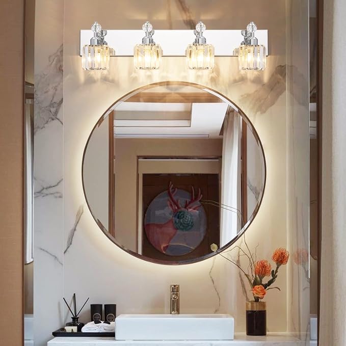 PRESDE 4-Light Crystal Bathroom Lights Fixtures Chrom Modern Wall Lighting Over - Image 3