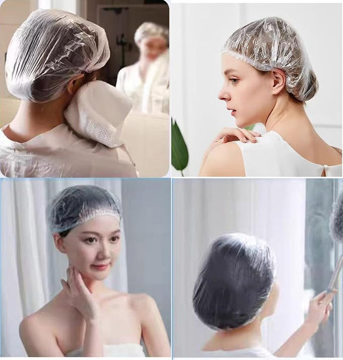 100 PCS Disposable Shower Caps Plastic Clear Hair Cap Elastic Waterproof Hair - Image 2