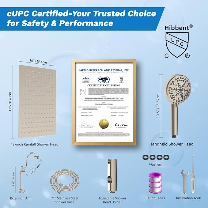 Hibbent cUPC Certified All Metal 12" Rainfall Showerhead Combo, High Pressure - Image 9