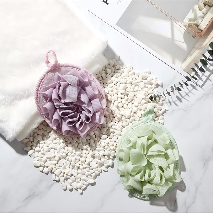 Boao 3 Pcs Bath Shower Pouf Sponge Mesh Pouf Shower Ball Exfoliating Body - Image 2