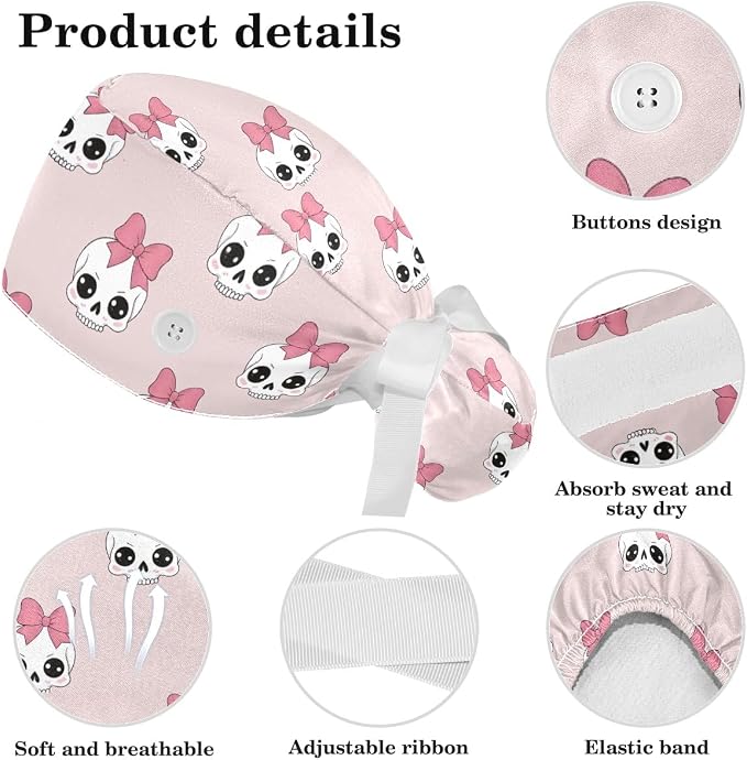 Scrub Caps Women Ponytail Cute Pink and White Leaves Caps Bouffant Working Hat - Image 4