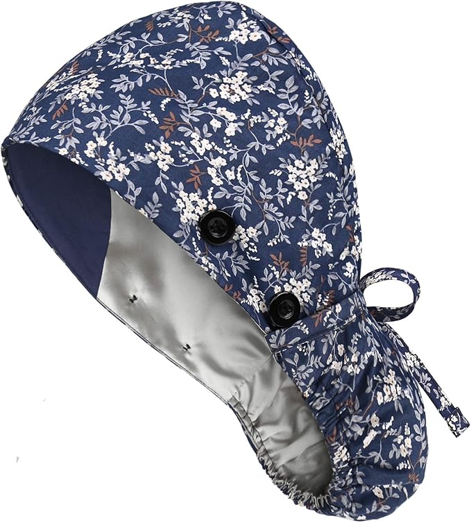 Satin Lined Scrub Caps with Buttons & Sweathand, Surgical Caps by Yuest