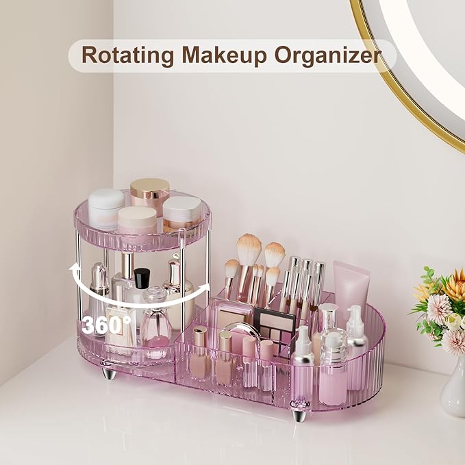 360 Rotating Vanity Makeup Organizer, 2 Small Trays & 5 Compartments - Image 2