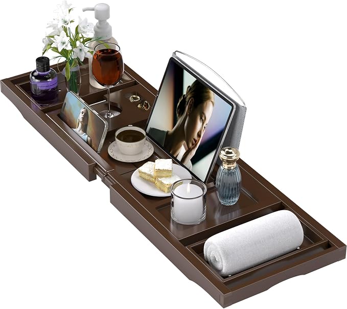 Bathtub Tray Caddy, Expandable Bath Trays by BAMBUROBA