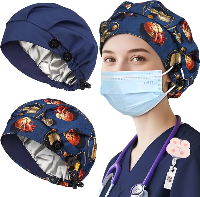 2 Pack Satin Lined Bouffant Scrub Caps by Yuest