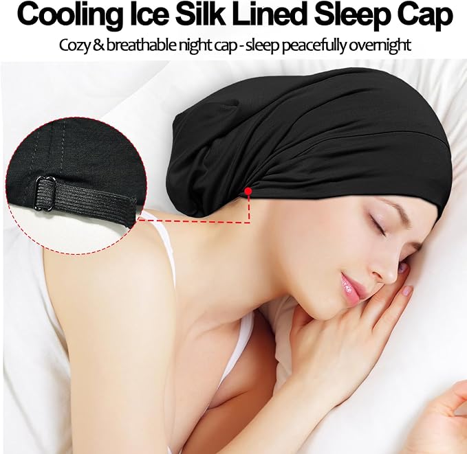 Sleep Cap Bonnet for Sleeping, Adjustable Cooling Ice Silk Lined Hair Bonnets - Image 2