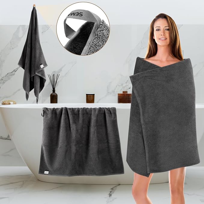 SEMAXE Grey Bath Towel, 100% Cotton Bath Towel - Image 2