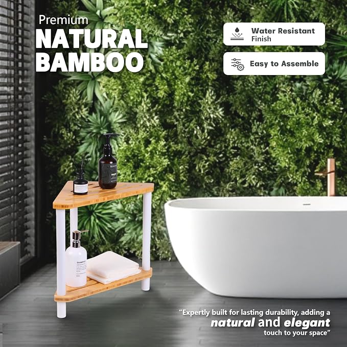 2-Tier Bamboo Corner Shower Caddy, Waterproof Bathroom Corner Storage Organizer - Image 4