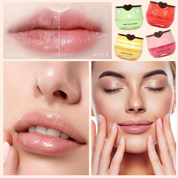 4 PCS Bee Lip Balm Lip Mask Honey Pot, Prevention Lip Dry Set, Strawberry & - Image 4