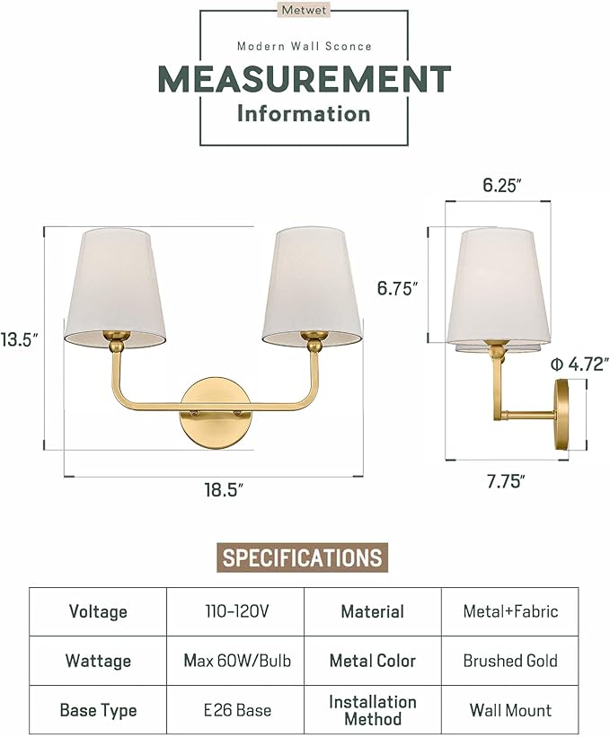 2 Light Bathroom Vanity Light, Brushed Gold Double Wall Sconce - Image 3