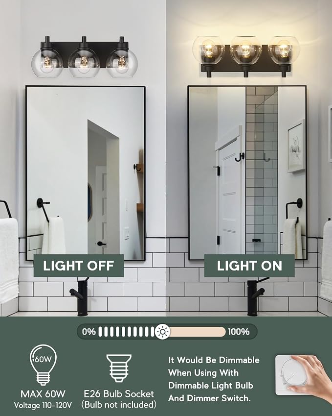 Bathroom Light Fixtures, 3-Light Matte Black Vanity Light, Modern Wall Sconces - Image 3