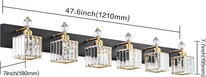 PRESDE 6-Light Crystal Bathroom Lights Fixtures Modern Black and Gold Wall Lamp - Image 4