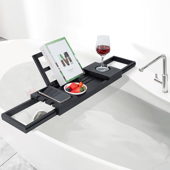 Utoplike Bamboo Bathtub Tray Black, Adjustable Bath Caddy Table - Image 7