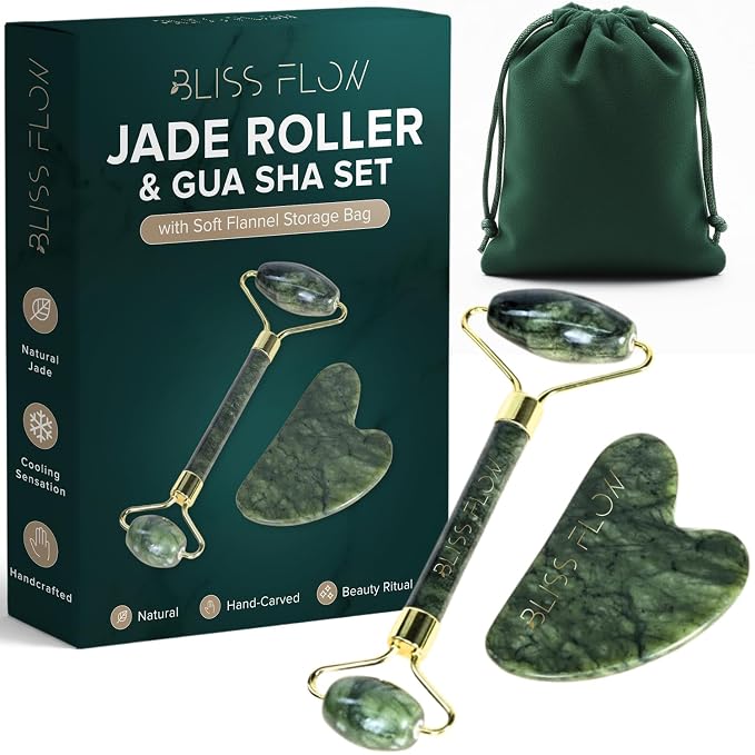 Jade Roller & Gua Sha Set – Natural Jade Face Roller by BlissFlow