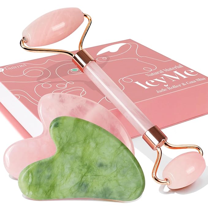 BAIMEI Rose Quartz Roller Set & Xiuyan Jade Gua Sha – Face Massager Tool and by BAIMEI