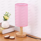 Pink Small Bedside Table Lamp for Bedroom, Natural Round Wood Base&Fabric Linen by SEENSINY