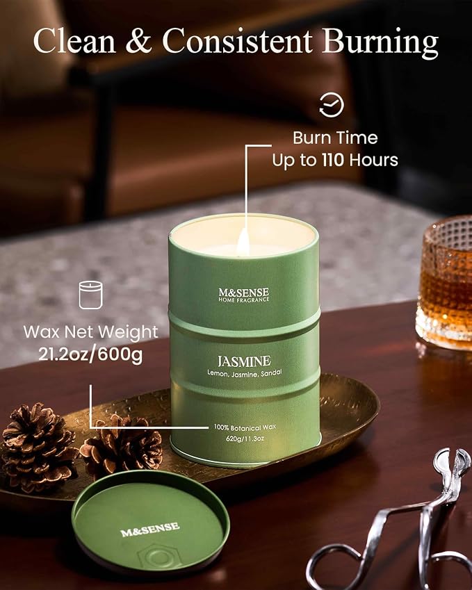 M&SENSE Jasmine Scented Candles Large, Natural Soy Candles 21.2oz 120 Hour Slow - Image 4