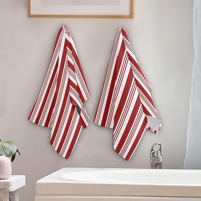 Abstract Red and White Striped Hand Towels - Image 3