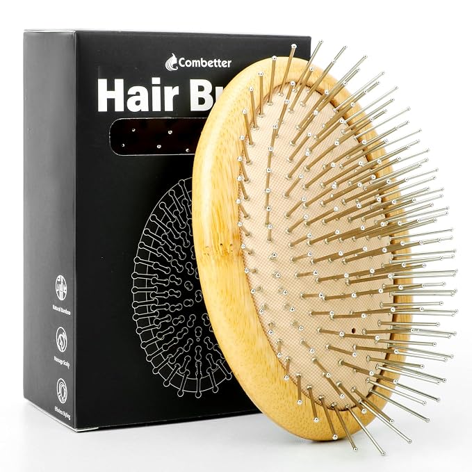 Metal Hair Brush for Scalp Massage & Hair Growth, Natural Bamboo Mental Brush by Combetter
