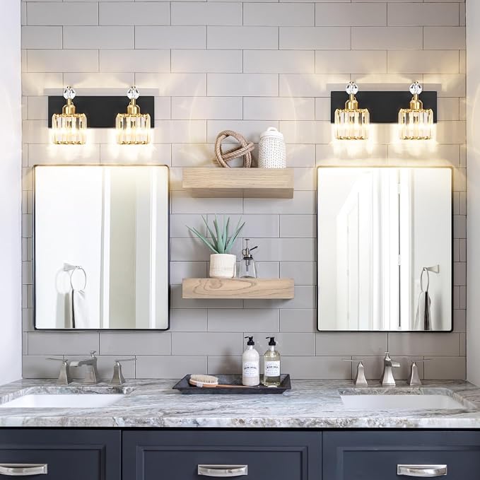 PRESDE Crystal 2 Light Bathroom Vanity Lights Black and Gold Bathroom Lights - Image 2
