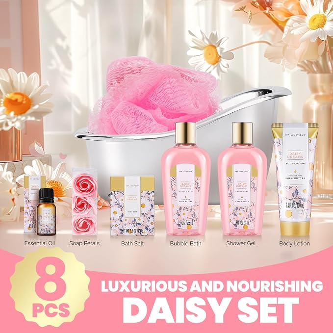 Self Care Gifts for Women, Spa Luxetique 8pcs Daisy Bath and Body Gift Baskets - Image 3