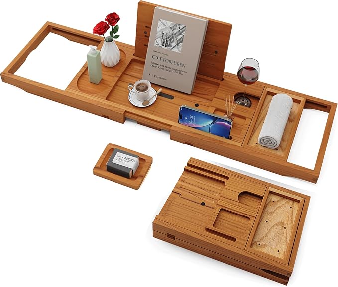 Yirilan Teak Bathtub Tray for Tub, Bath Table Tray for Tub Wood, Bathtub Caddy by Yirilan