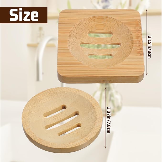 Ymapinc 2-Pack Natural Bamboo Soap Holder, Round+Square Bamboo Soap Dish & - Image 2