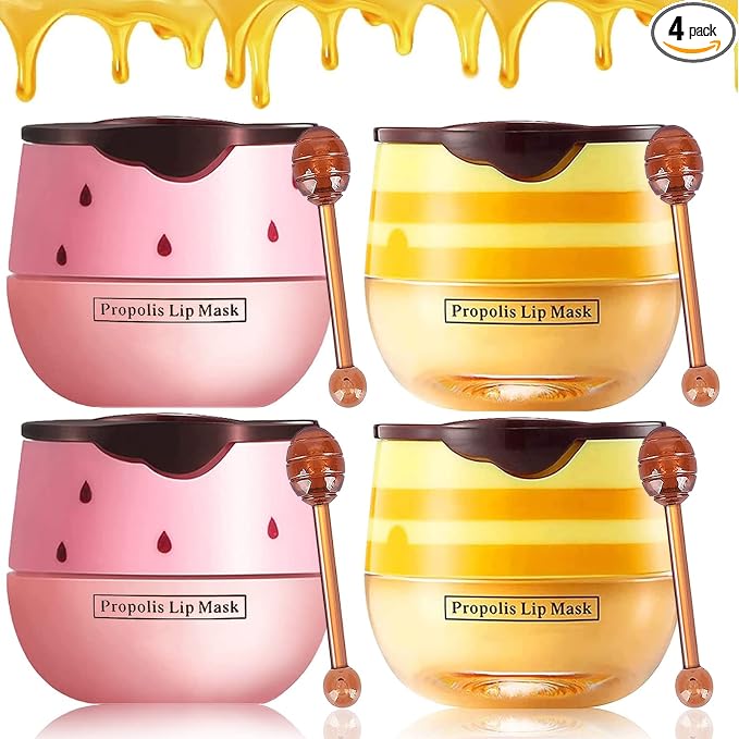 Bee Lip Balm Honey Pot, 4 Pack Honey & Strawberry Lip Mask Propolis Lip Mask by LOOBEXERY