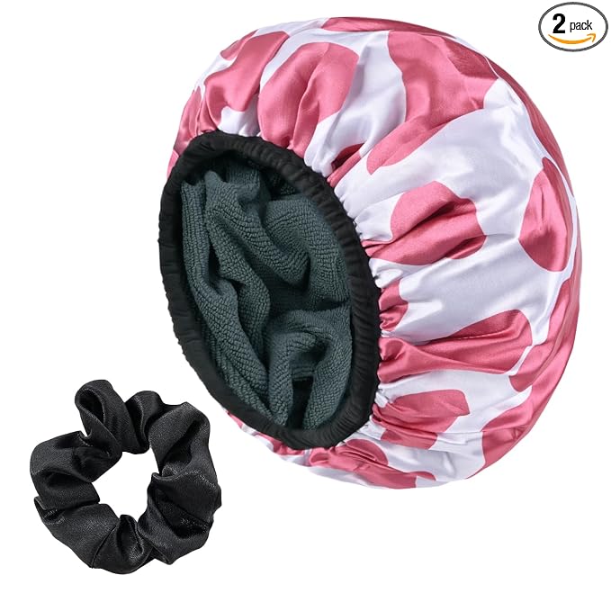 Hot Pink Cow Print Satin Shower Cap, Three-Layer Terry Cloth Lined, by Yonchic