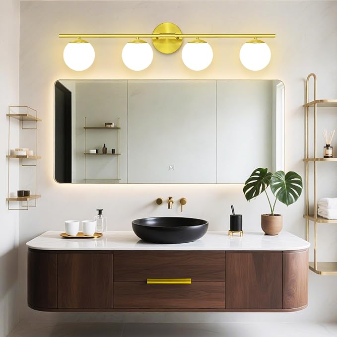 New Bathroom Vanity Light Fixtures Brushed Bronze Milk White Globe Glass Shade - Image 2