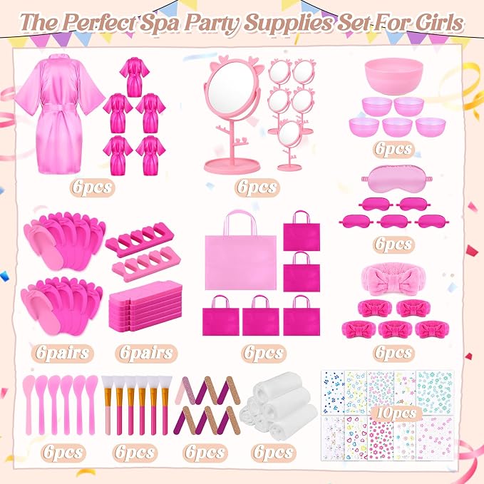 Spa Party Supplies for Girls, 6 Satin Robes Kids Spa Birthday Sleepover - Image 2
