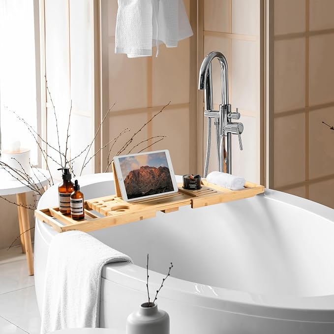Bamboo Bathtub Tray | Splash-Proof Adjustable | Non-Slip Pads, Wine Holder & - Image 3