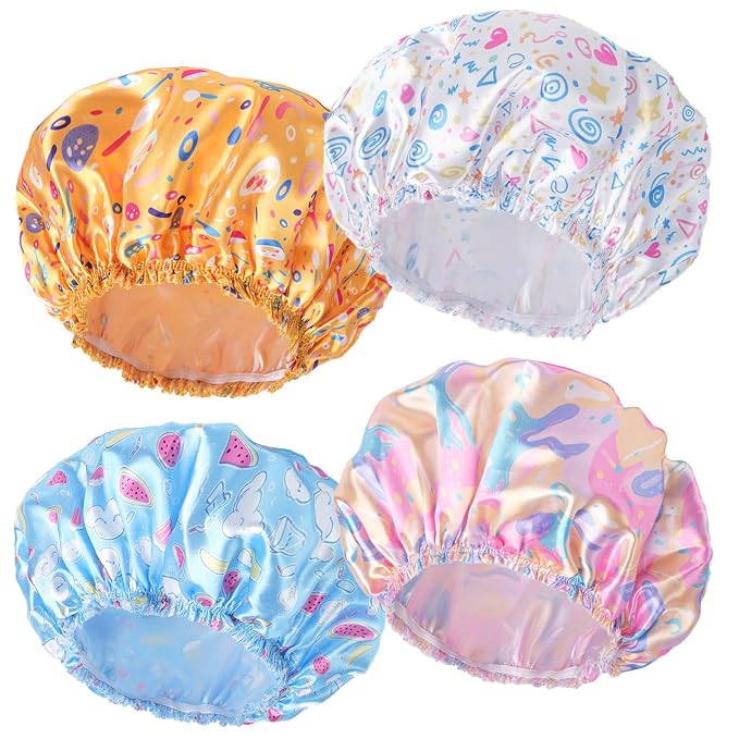 4 PCS Shower Cap for Women, Elastic and Reusable Bath Caps, Double Layers by CHFONGDIRECT
