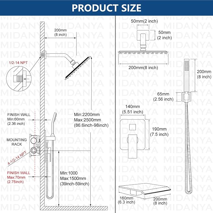 Midanya Shower System with Tub Spout, Bathtub Shower Faucet Set with Square - Image 5