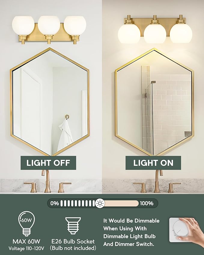 Bathroom Light Fixtures, 3-Light Brushed Gold Vanity Light, Modern Wall Sconces - Image 2