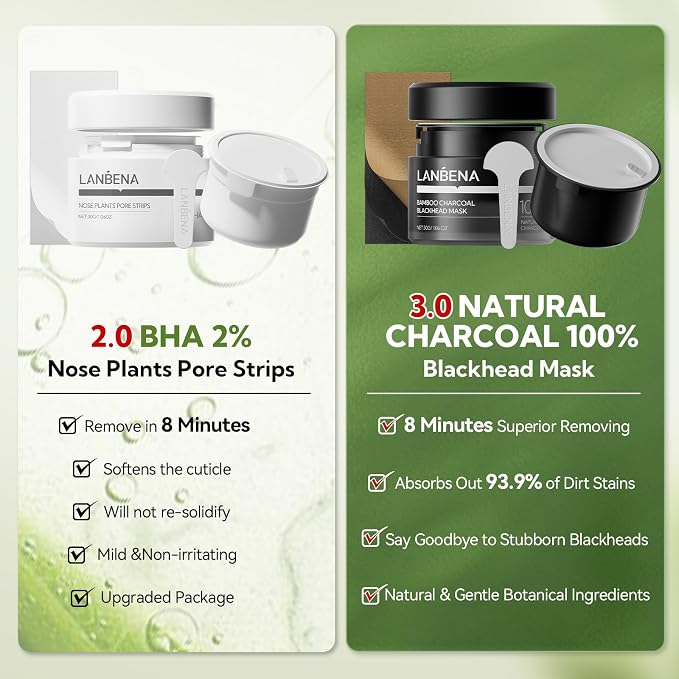 LANBENA 2-Pack Pore Strips: 2% Salicylic Acid BHA Nose Strips + Bamboo Charcoal - Image 2