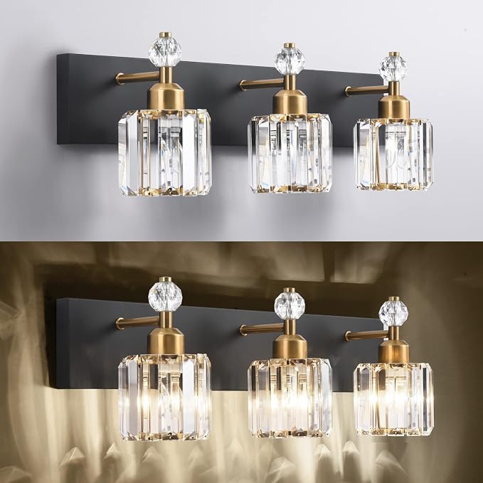PRESDE Crystal 3 Light Bathroom Vanity Lights Black and Gold Bathroom Lights - Image 6