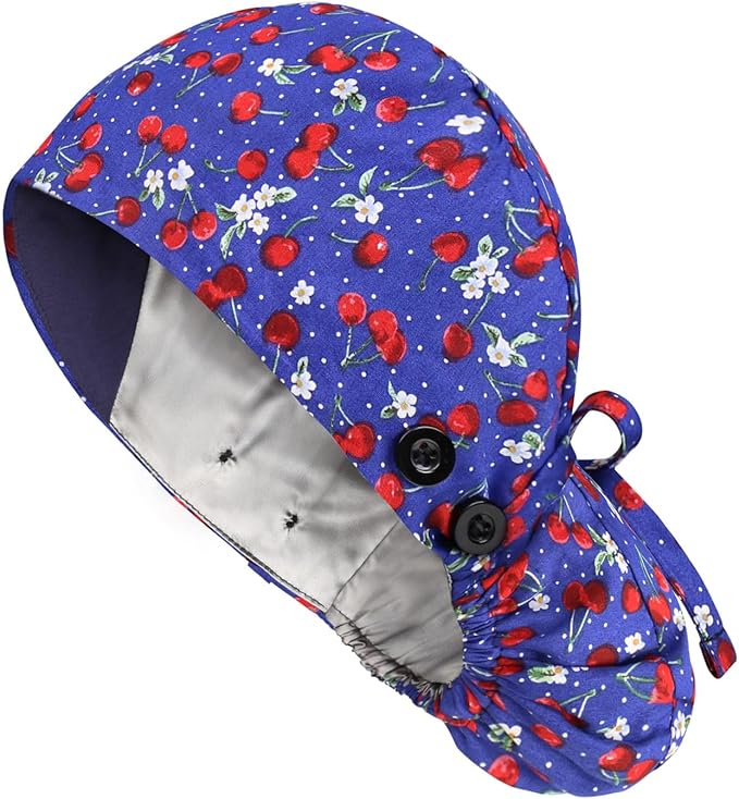 Satin Lined Scrub Caps with Buttons & Sweathand, Surgical Caps by Yuest