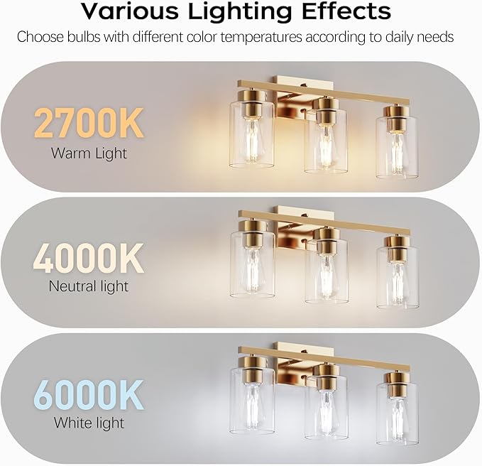 PARTPHONER 3-Light Bathroom Light Fixtures, Brushed Gold Vanity Light - Image 5