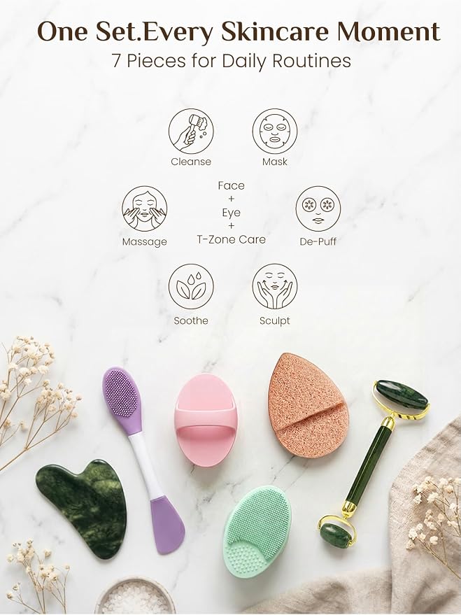 Rena Chris Gua Sha and Face Roller Set - 7 in 1 Face Skin Care Tools - Image 2